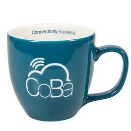 Werbe-Kaffe-Tasse in Unternehmensfarbe i nHydroglasur mit Logogravur und Innendekor produziert