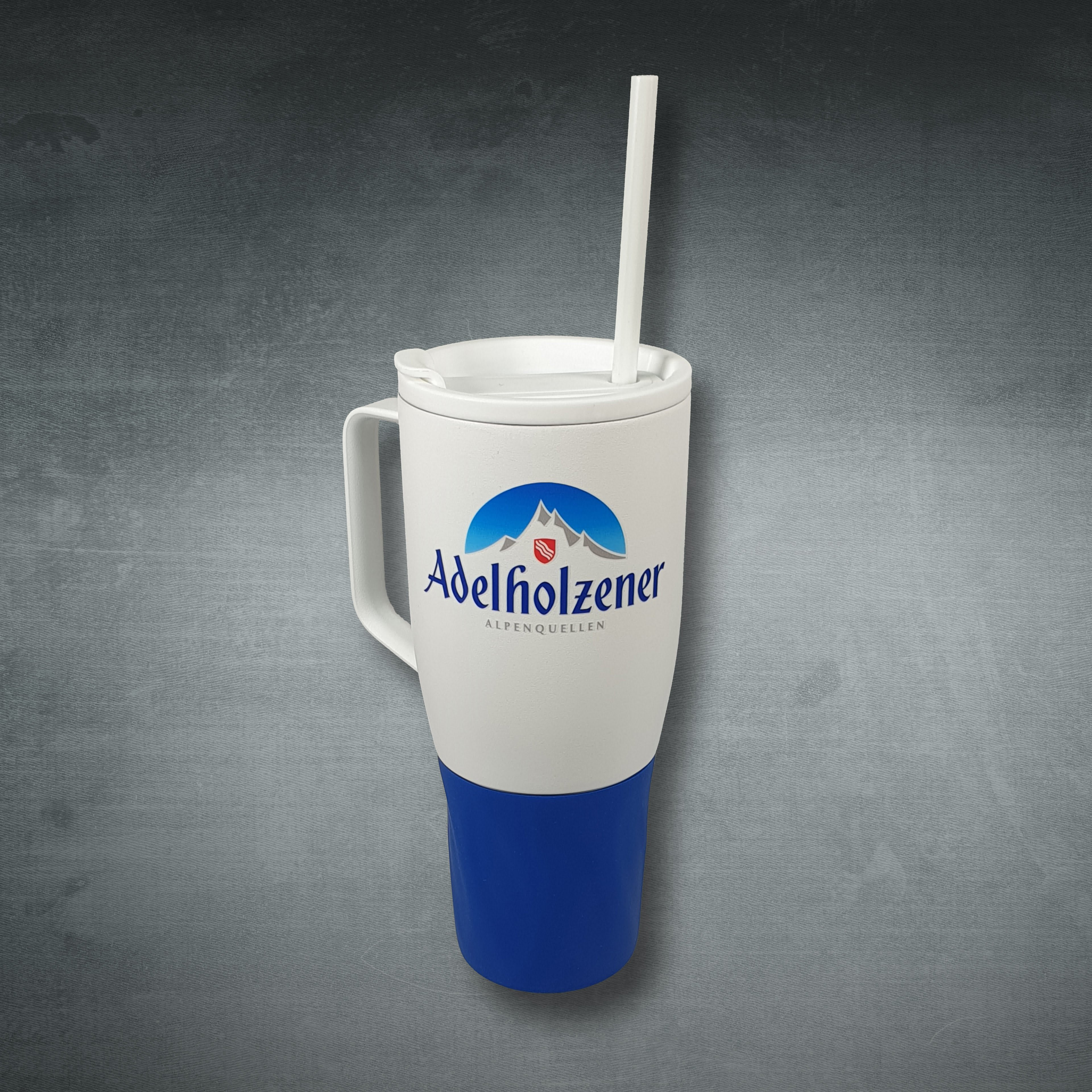 Trinkbecher mit mehrfarbigen Logo und farbiger Boden-Manchette hält warm oder kalt 