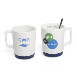 Kaffeetasse aus Porzellan mit Firmenwerbung und persönlichem Namensdruck