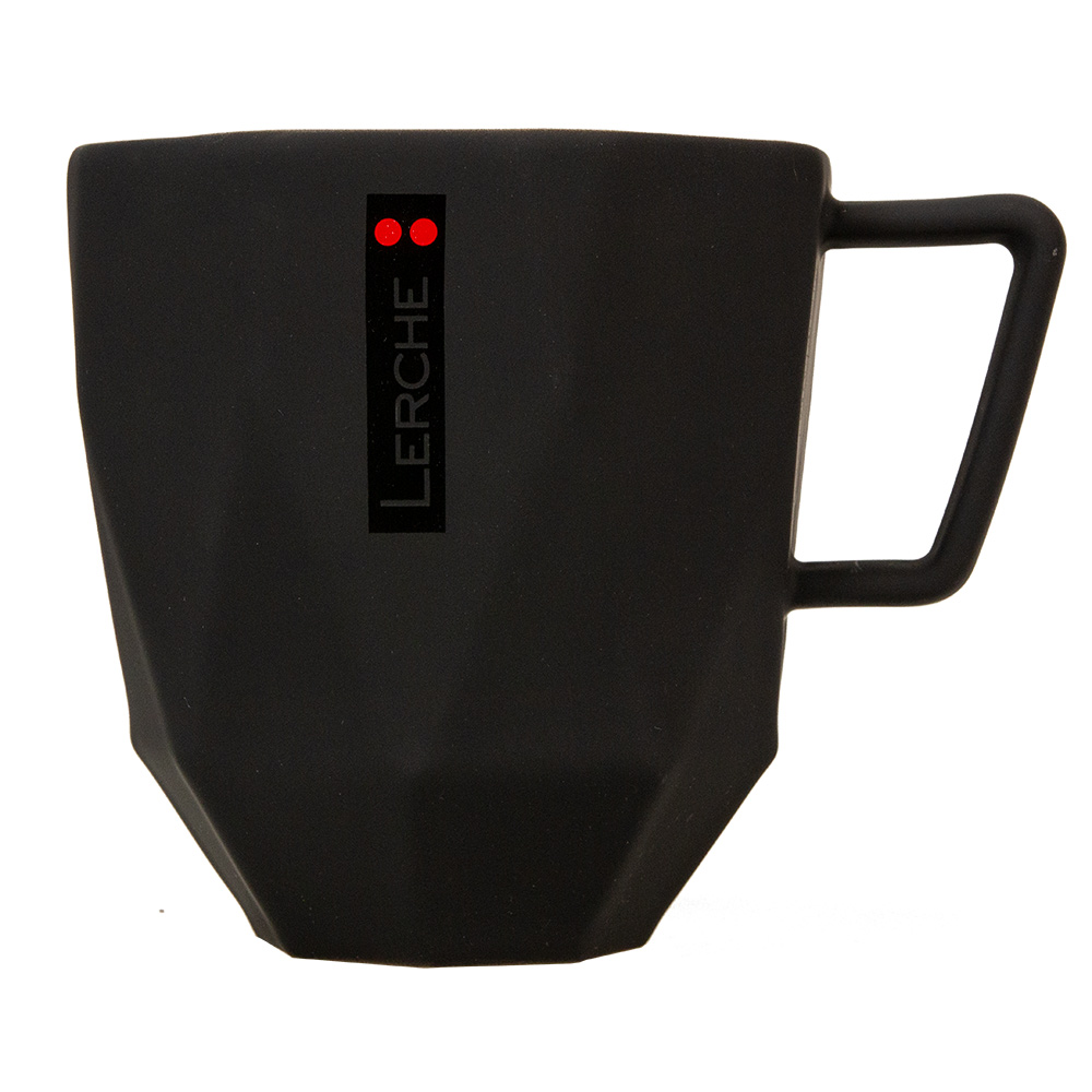Bedruckte Werbe-Kaffetasse Polygon Form 200 aus Porzellan im geometrischen Design