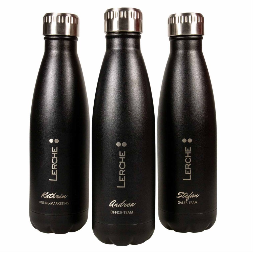Printplanet Personalisierte Edelstahl-Trinkflasche 500 Ml – Mit Lasergravur (Name/Text), Doppelwandig, Schwarz/Weiß
