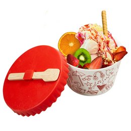 Eisbecher mit individuellem Werbemotiv und rotem Deckel