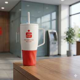 Weißer Werbethermobecher mit Henkel und roter Manschette mit Sparkasse-Bremen-Logodruck, platziert auf einem Tresen in einer Filiale.