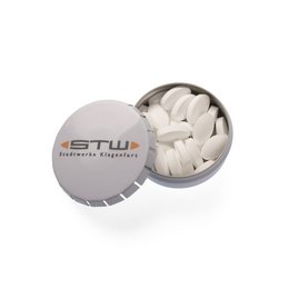 Süße Werbung: Zuckerfreie Pfefferminzpastillen in der runden Logo-Metalldose „Quick Box“ mit Werbung bedruckt