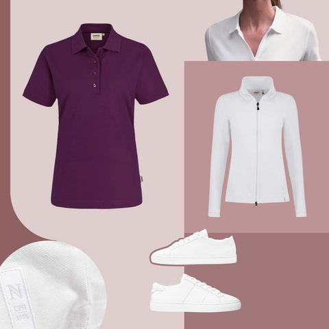 Es zeigt passende Kleidungsstücke als Arbeitskleidung mit Logo auf farbigen Hintergrund für die Branche Pflege & Medizin.