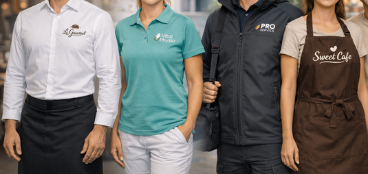 4 Personen stehen nebeneinander aus verschiedenen Branchen mit unterschiedlicher Arbeitskleidung mit Logo 4 Personen stehen nebeneinander aus verschiedenen Branchen mit unterschiedlicher Arbeitskleidung mit Logo