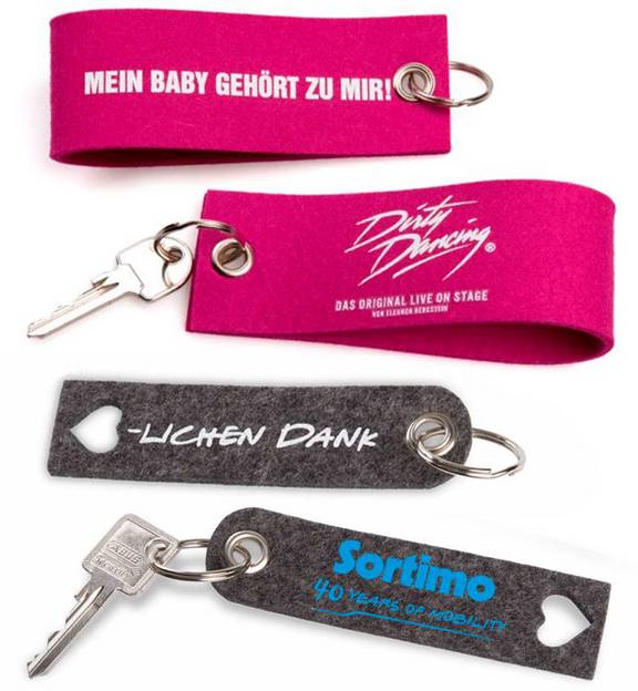 Edel: unsere bedruckten Schlüsselanhänger aus Filz! In kleiner Auflage erhältlich.