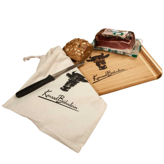 Bedruckbarer Kordelzugbeutel als nachhaltige Geschenkverpackung für Frühstücksbrettchen mit Logo