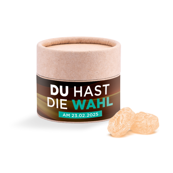 Klimaneutrale Papierdose mit süßer Füllung als Partei-Werbemittel