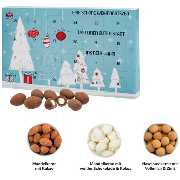Premium Adventskalender mit Pralinenfüllung mit Werbemotiv bedruckt 