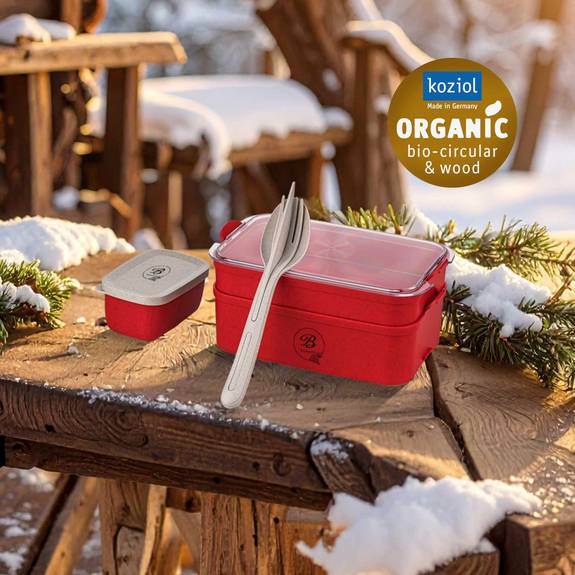 rotes Lunchboxset mit Betseckset To Go auf Holztisch vor Hütte im Schnee