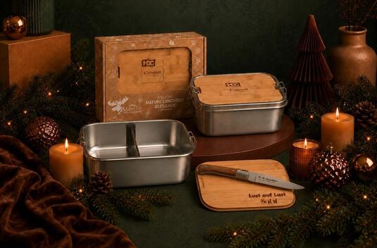 Lunchbox Nature Elegance 1,4l als Werbeartikel mit Logo Gravur, rostfreier Edelstahl, mit Bambusdeckel, der zugleich als Brotzeitbrett dient.