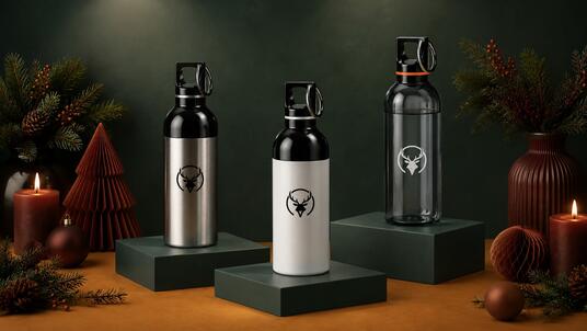 Trinkflasche Duix mit Logo: erhältlich in 3 Varianten aus Tritan, recyceltem Edelstahl und Thermo Doppelwand