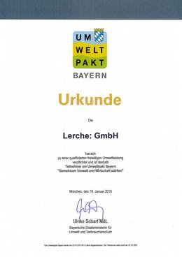 Urkunde als Teilnehmer am Umweltpakt Bayern