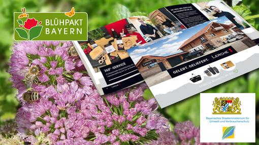 Aufgeschlagene Werbebroschüre mit Lerche Firmenlogo, Produktbeispielen und Texten, platziert auf rosa Blüten mit Bienen sowie Blühpakt Bayern Logo.