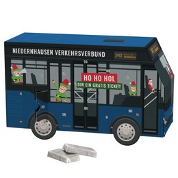 Werbe-Adventskalender in Bus-Form, gefüllt mit 24 Alpenmilch Täfelchen