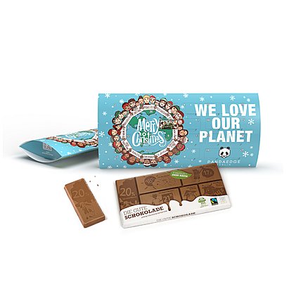 Adventskalender befüllt mit einer Tafel "die gute Schokolade"