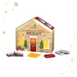 Adventskalender in Form eines Hauses mit vielen Türchen und individueller Werbeanbringung auf der Vorderseite