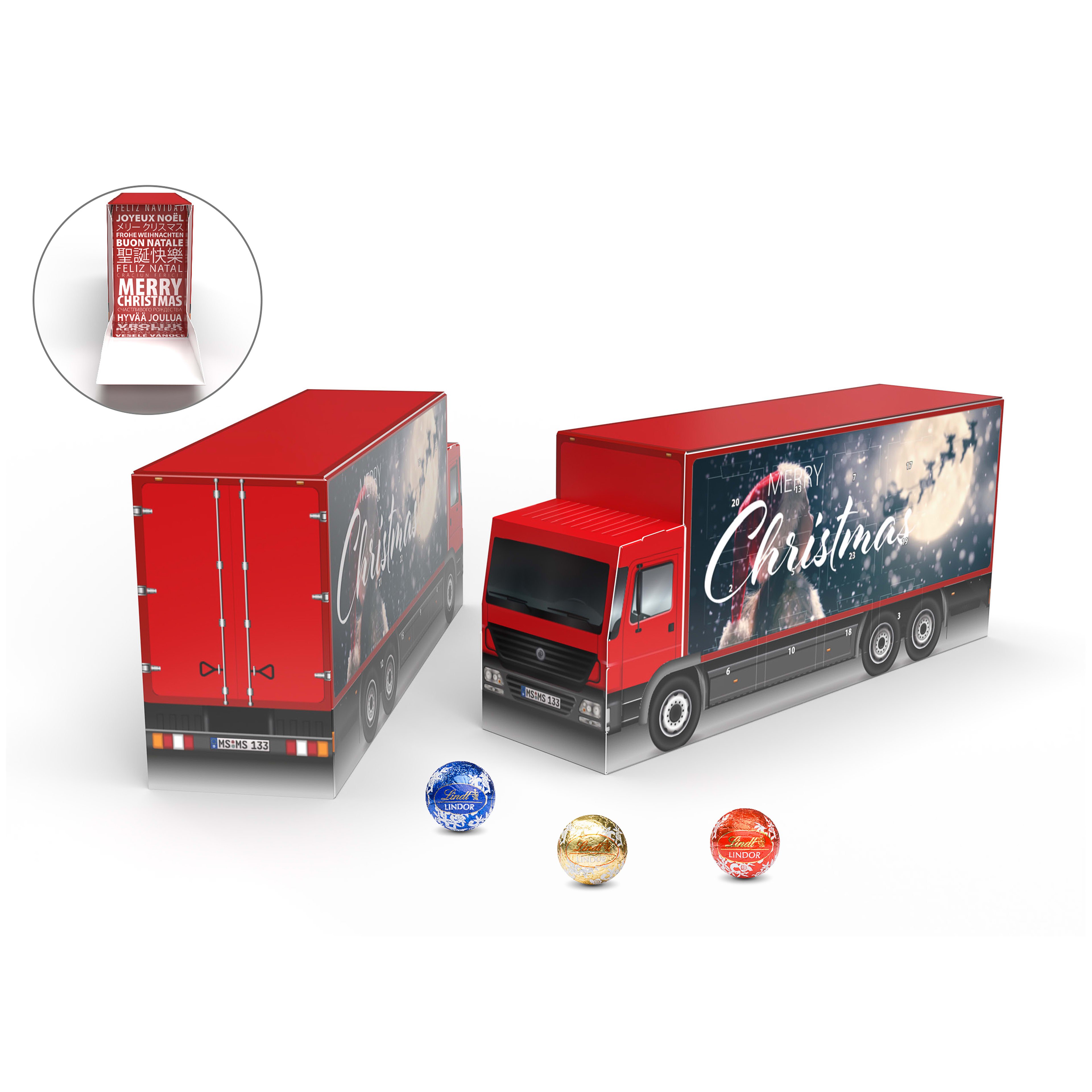 Werbe-Adventskalender LKW Eco, befüllt mit Lindor Mini Kugeln