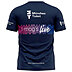 Rückenansicht Dunkelblaues Werbe-Laufshirt mit München-Ticket-Logo, Ärmelbranding und farbigem Alloverdruck.