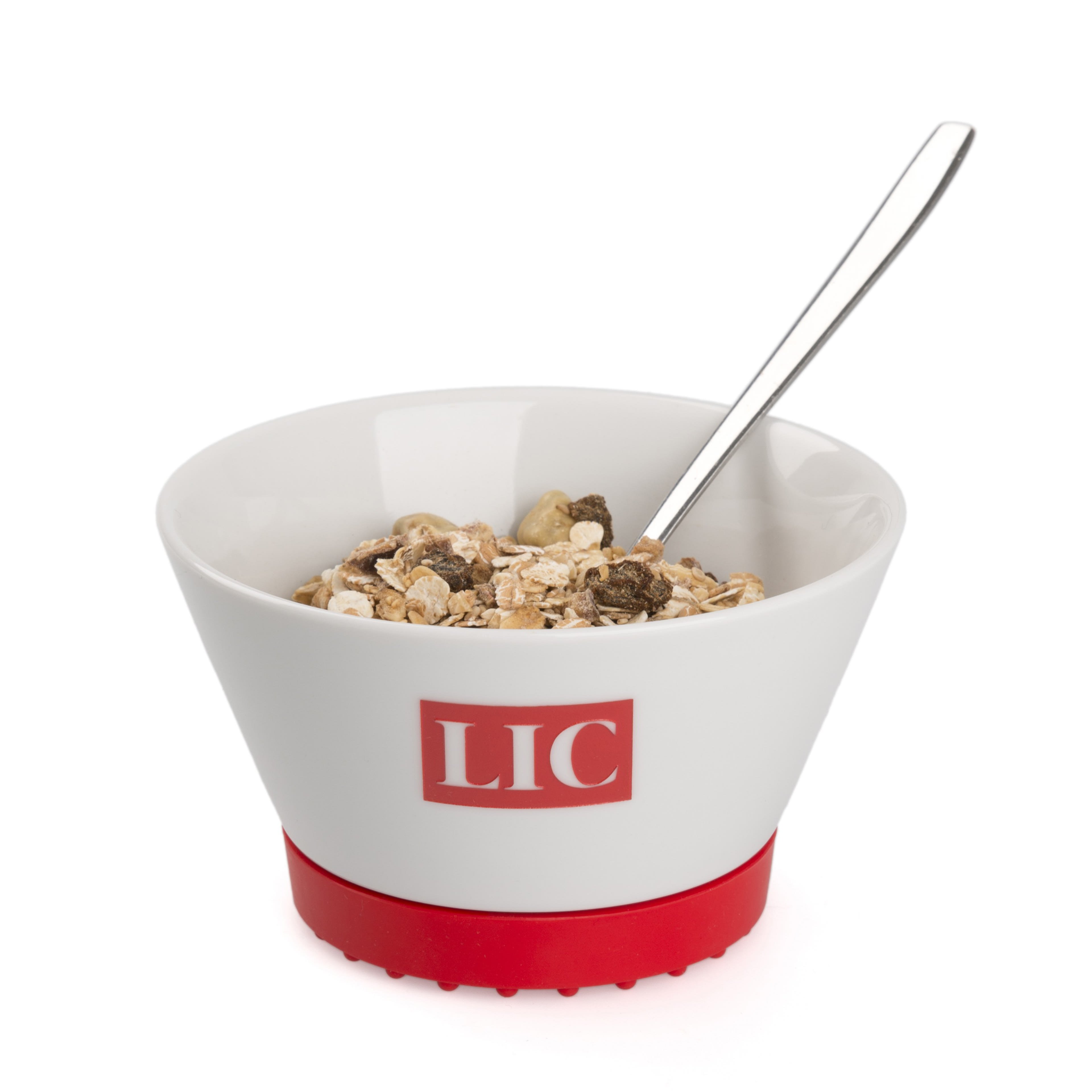 Werbe-Müsli-Bowl mit 1c Teildekor und rotem Silikonpad