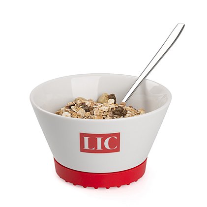 Werbe-Müsli-Bowl mit 1c Teildekor und rotem Silikonpad