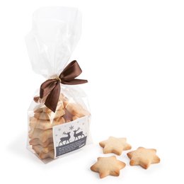 Werbe-Butterkekssterne, Individualisierung: 4C-Digitaldruck auf Aufkleber für persönliche Weihnachtsbotschaften
