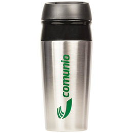 Hochwertiger Coffee to Go Becher aus Edelstahl und Kunststoff mit grünem \"comunio\" Schriftzug und 450 ml Füllvolumen