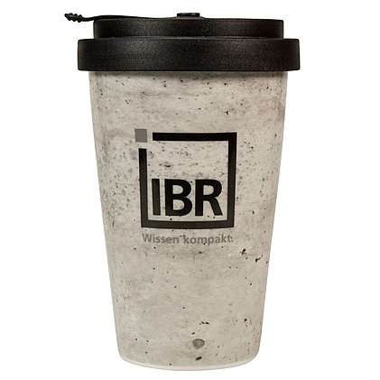 Hochwertiger Markenbecher in Betonoptik und zweifarbigem Logodruck