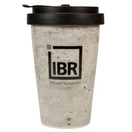 Hochwertiger Markenbecher in Betonoptik und zweifarbigem Logodruck