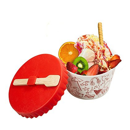 Eisbecher mit Silikondeckel in verschiedenen Farben und Bambuslöffel