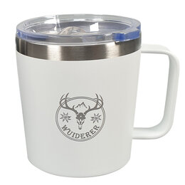 Weiße Outdoor Campertasse mit individuellem Logo auf weißer Pulverbeschichtung