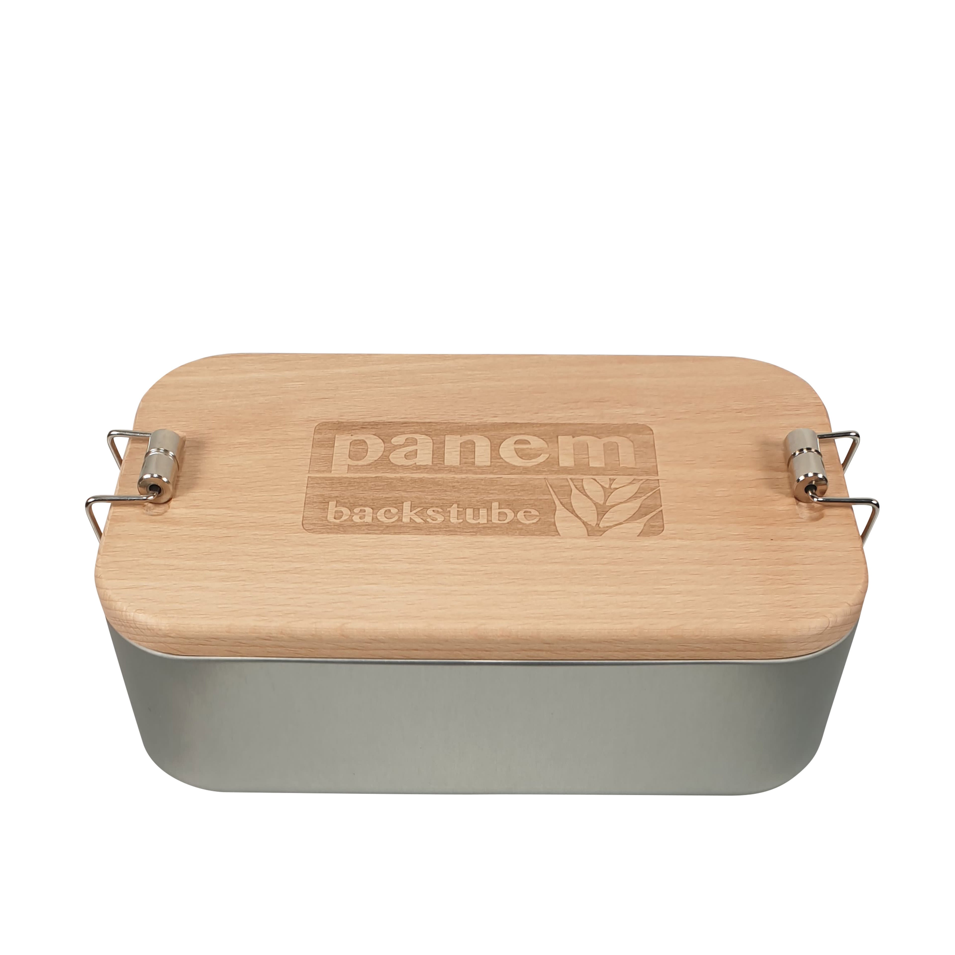 Werbe-Lunchbox aus Edelstahl XL mit geöltem Buchenholzdeckel