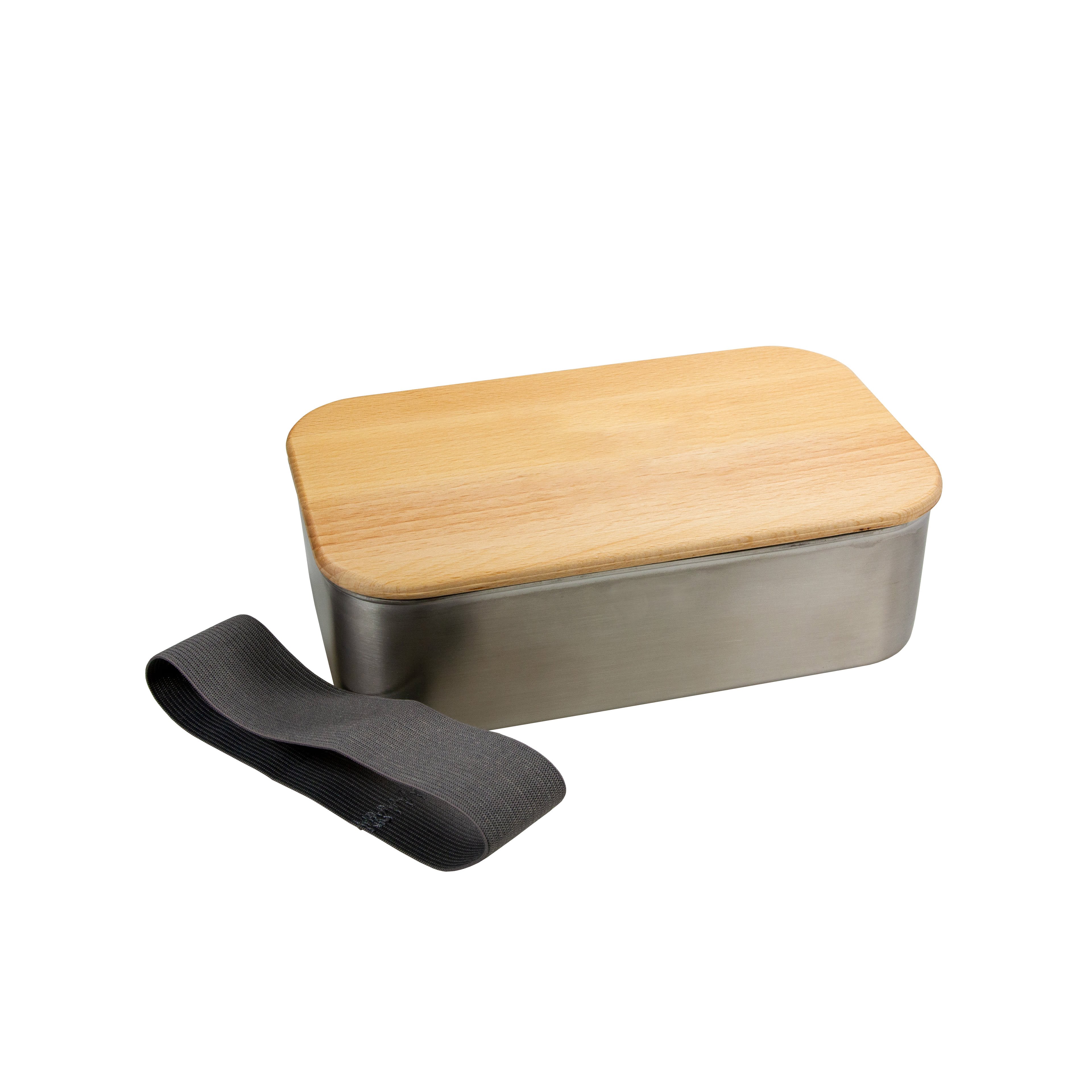 Werbe-Lunchbox Edelstahl mit Buchenholzdeckel und Zugband