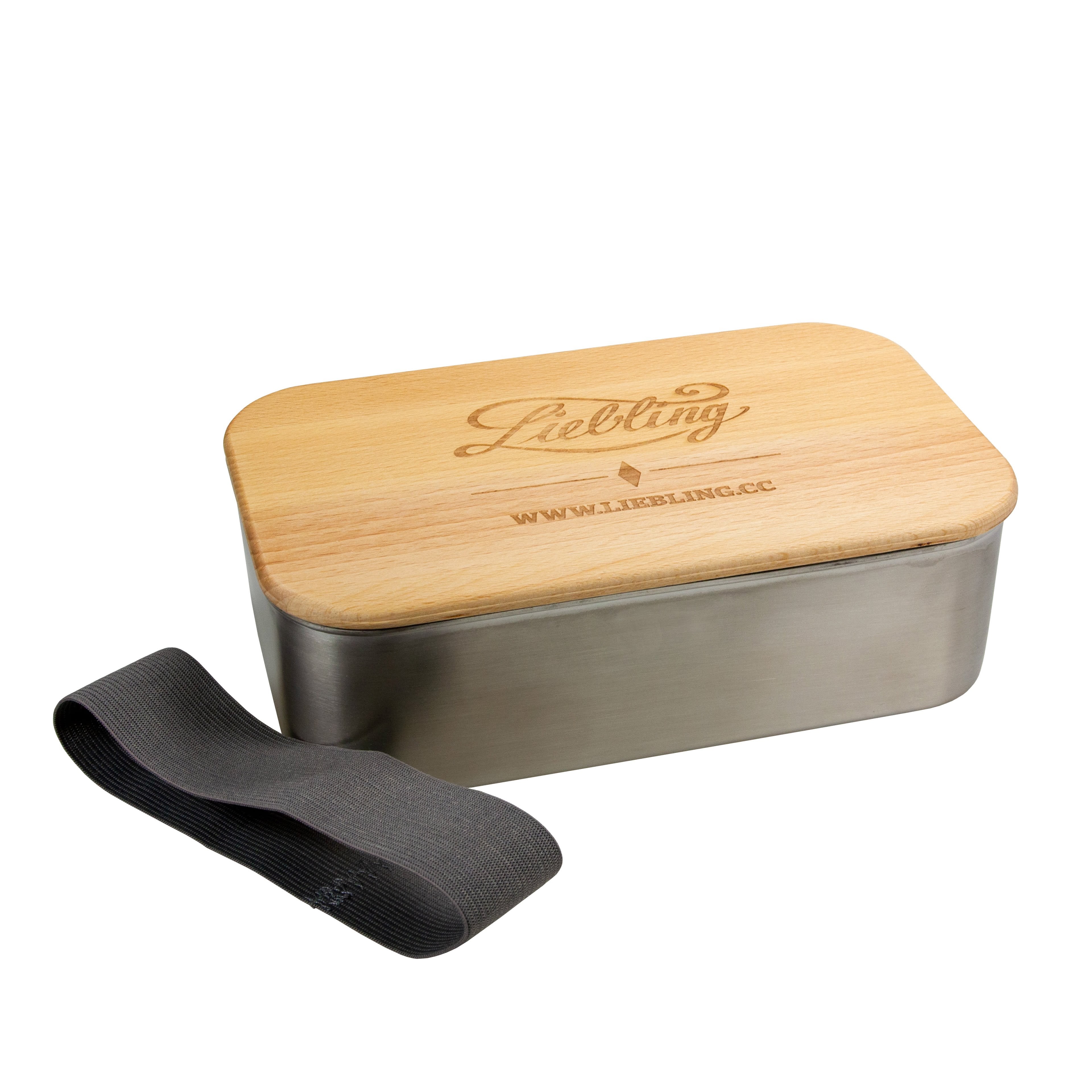 Werbe-Lunchbox Edelstahl, 1000ml, mit Buchenholzdeckel, Zugband und Lasergravur