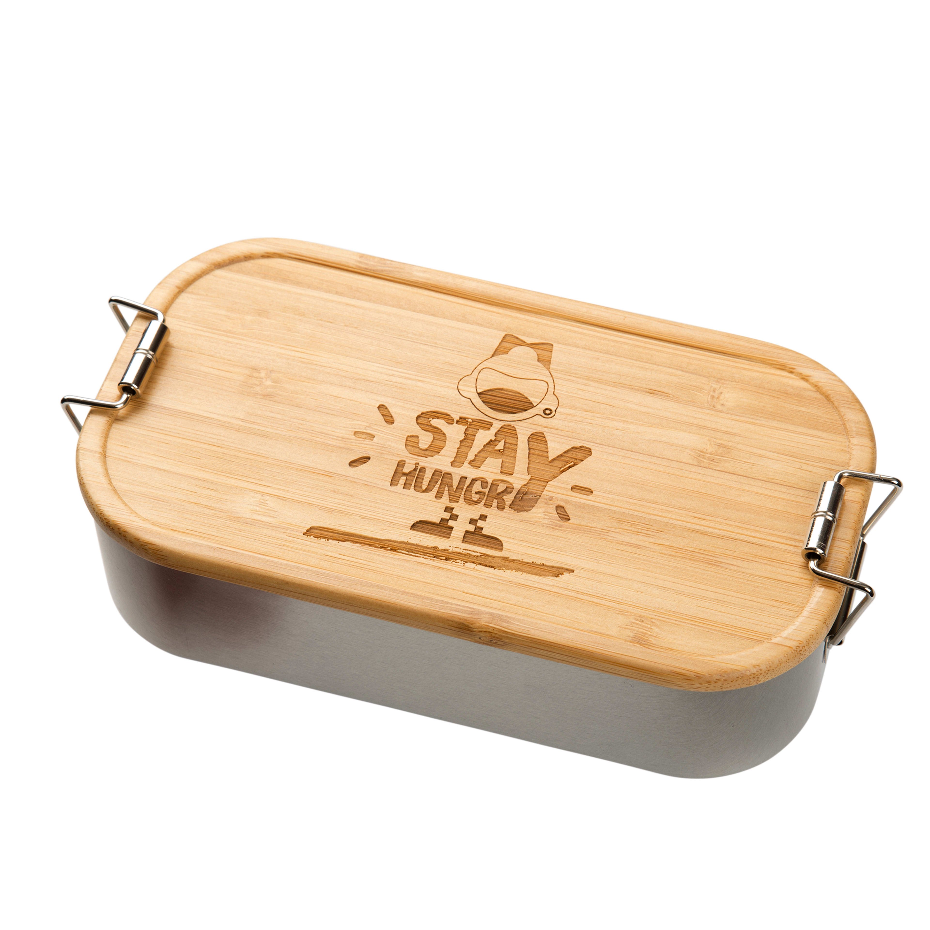 Werbe-Lunchbox L aus Weißblech, mit Bambusdeckel und Logo Lasergravur