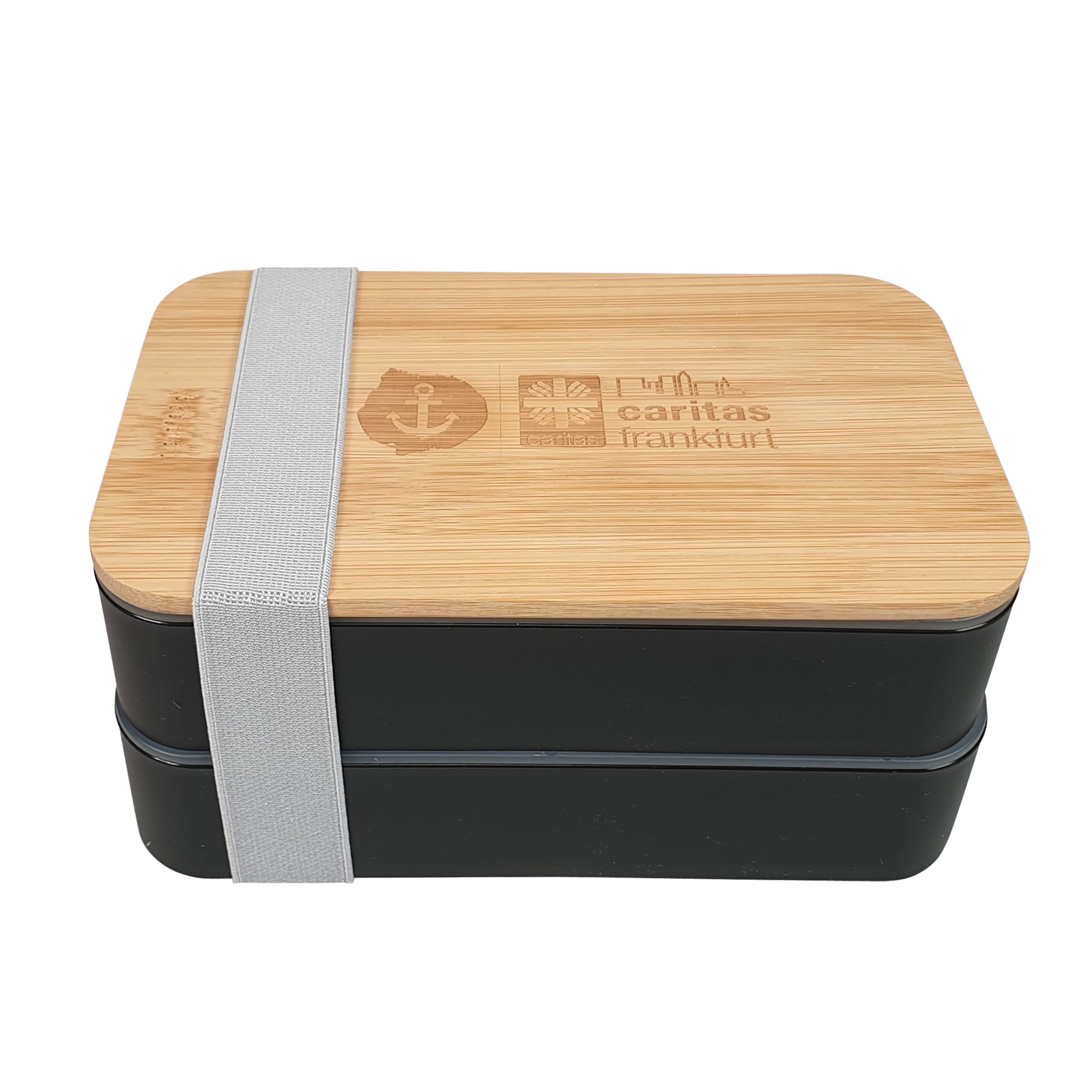 Werbe-Lunchbox Nagano doppelstöckig mit Bambusdeckel und Lasergravur