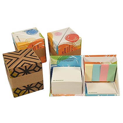 Nachhaltiger Notizwürfel mit Haftnotizen, Haftmarkern und Notizblock