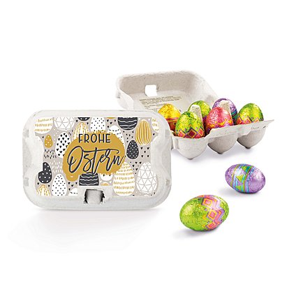 Sixpack befüllt mit Ostereiern aus Vollmilchschokolade 