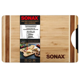 Werbe-Schneidebrett aus zweifarbigem Bambus mit schwarzem pulverbeschichtetem Griff, Banderole und Brandstempel