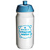 Weiße Werbe-Sportflasche mit blauem Logo und blauer Kappe