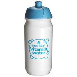 Weiße Werbe-Sportflasche mit blauem Logo und blauer Kappe