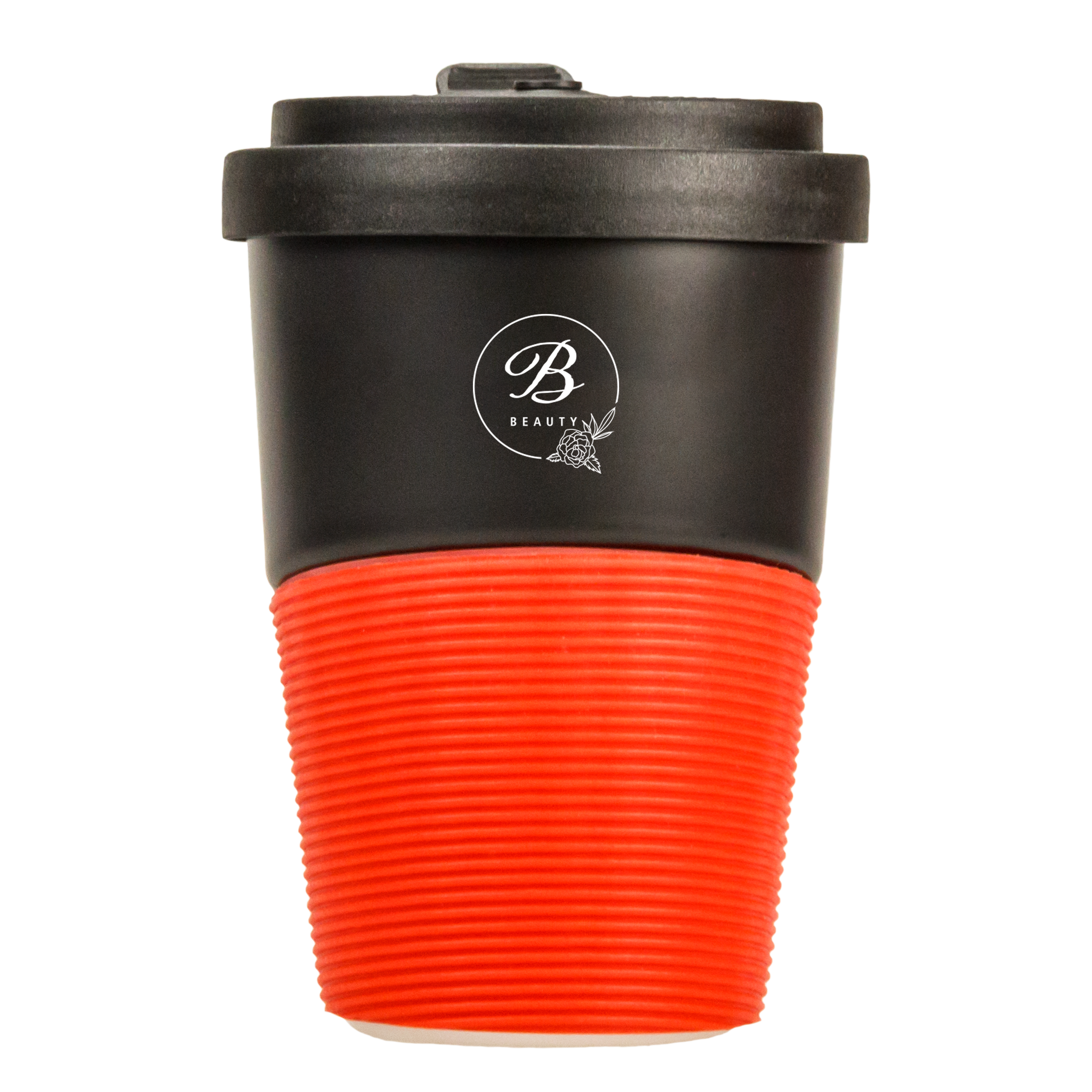 Werbe-Coffee-to-Go-Becher mit roter Silikonbanderole und einfarbigen Teildekor