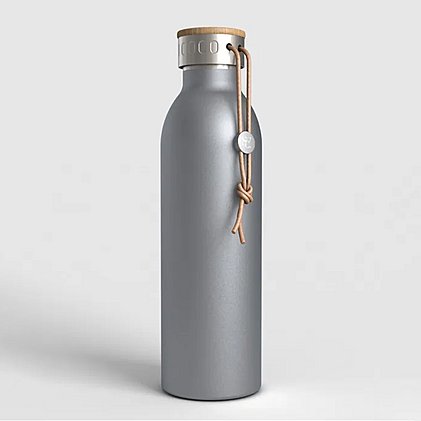 Thermo-Trinkflasche Hyte (Grau) - mit Bambusdeckel und Trageband aus recyceltem Leder