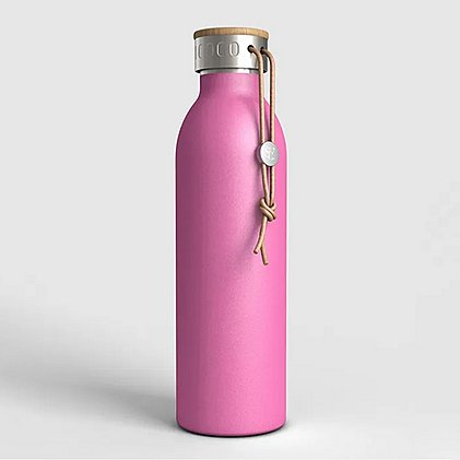 Thermo-Trinkflasche Hyte (Pink) - mit Bambusdeckel und Trageband aus recyceltem Leder