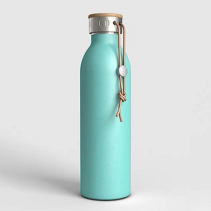 Thermo-Trinkflasche Hyte (Blau) - mit Bambusdeckel und Trageband aus recyceltem Leder