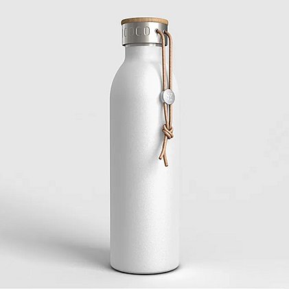 Thermo-Trinkflasche Hyte (Weis) - mit Bambusdeckel und Trageband aus recyceltem Leder