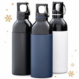 Duix Thermoflaschen in unterschiedlichen Farben stehen nebeinander - weiß, schwarz und blau