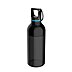Schwarze Thermosflasche mit transparentem Korpus ohne Isoliergummi, schwarzem Deckel, Karabiner und blauem Silikonring auf weißem Hintergrund