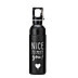 Schwarze Thermosflasche mit weißem Schriftzug "Nice to meet you" und Herzsymbol auf dem Korpus auf weißem Hintergrund dargestellt